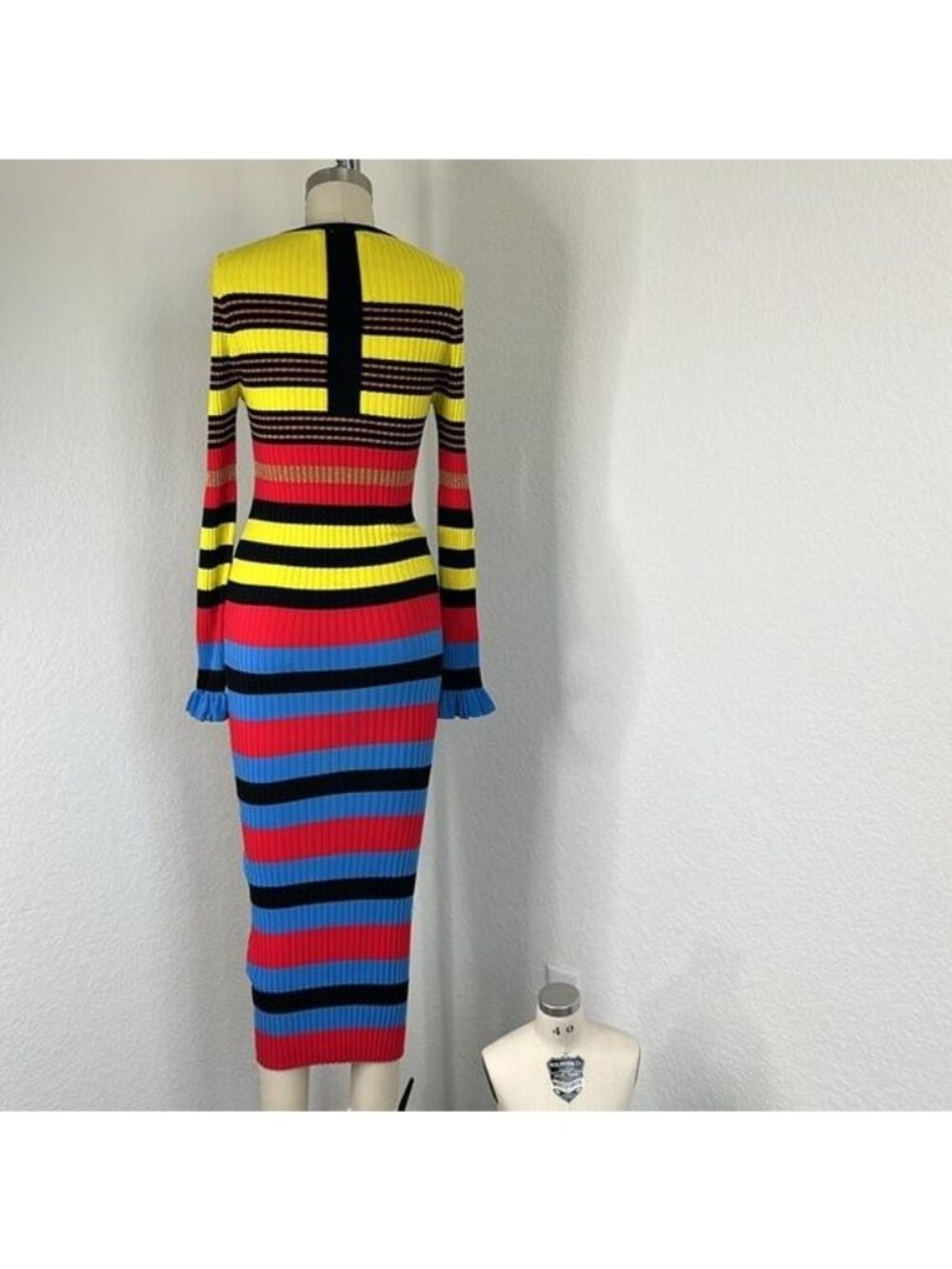 Opening Ceremony Striped Ribbed Knit Midi Dress In Azure Multi Ruffle - Picture 8 of 11